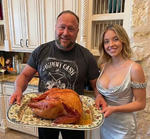 Alex Jones And Sydney Sweeney With A Turkey meme template