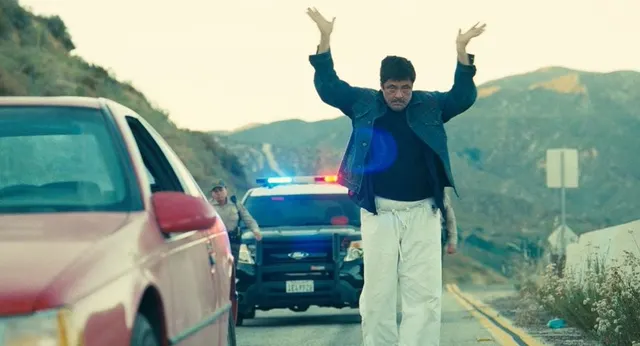 Benicio Del Toro Hands-Up Road Scene meme template