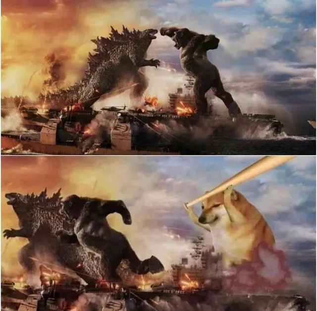 Godzilla Vs Kong Meets Doge With A Bat meme template