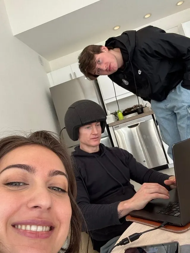 Woman Selfie With Helmeted Laptop Guy meme template