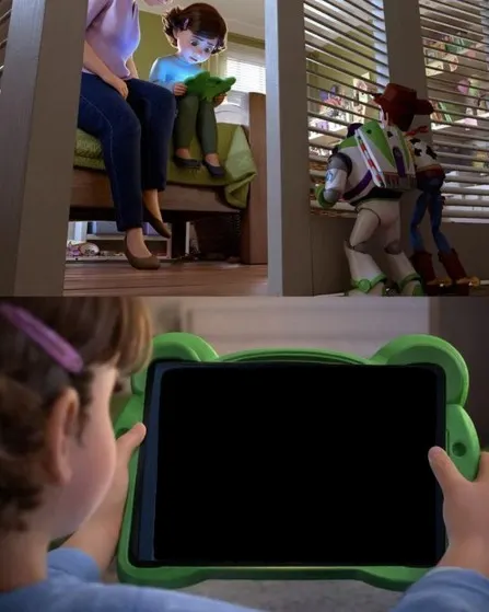 Woody And Buzz Watching A Child Use A Tablet meme template